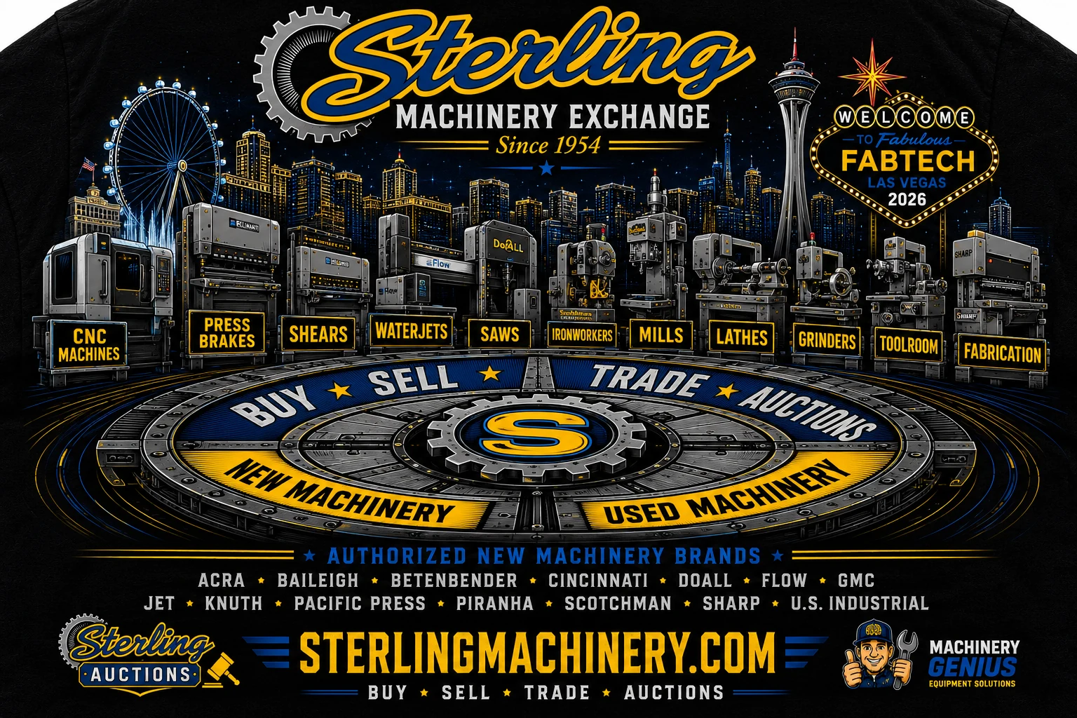 Sterling Machinery Exchange at FABTECH Las Vegas 2026: new and used CNC machines, press brakes, shears, waterjets, saws, ironworkers, mills, lathes, grinders, and fabrication machinery.