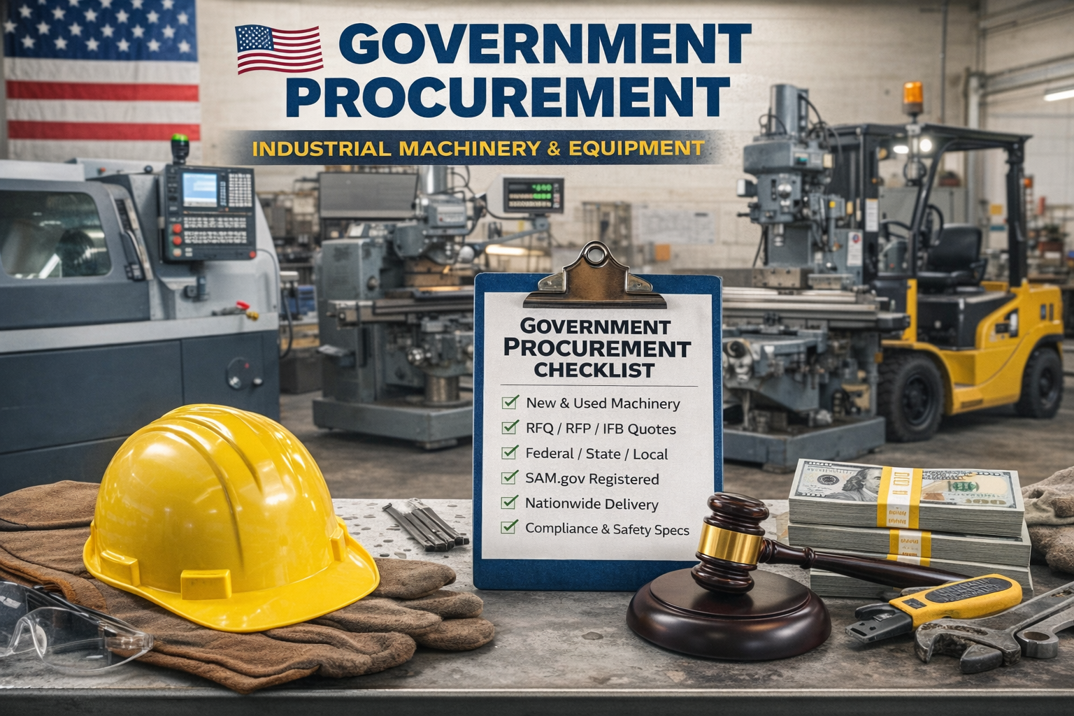 Government industrial machinery procurement checklist including RFQ, RFP, IFB, federal and local purchasing support