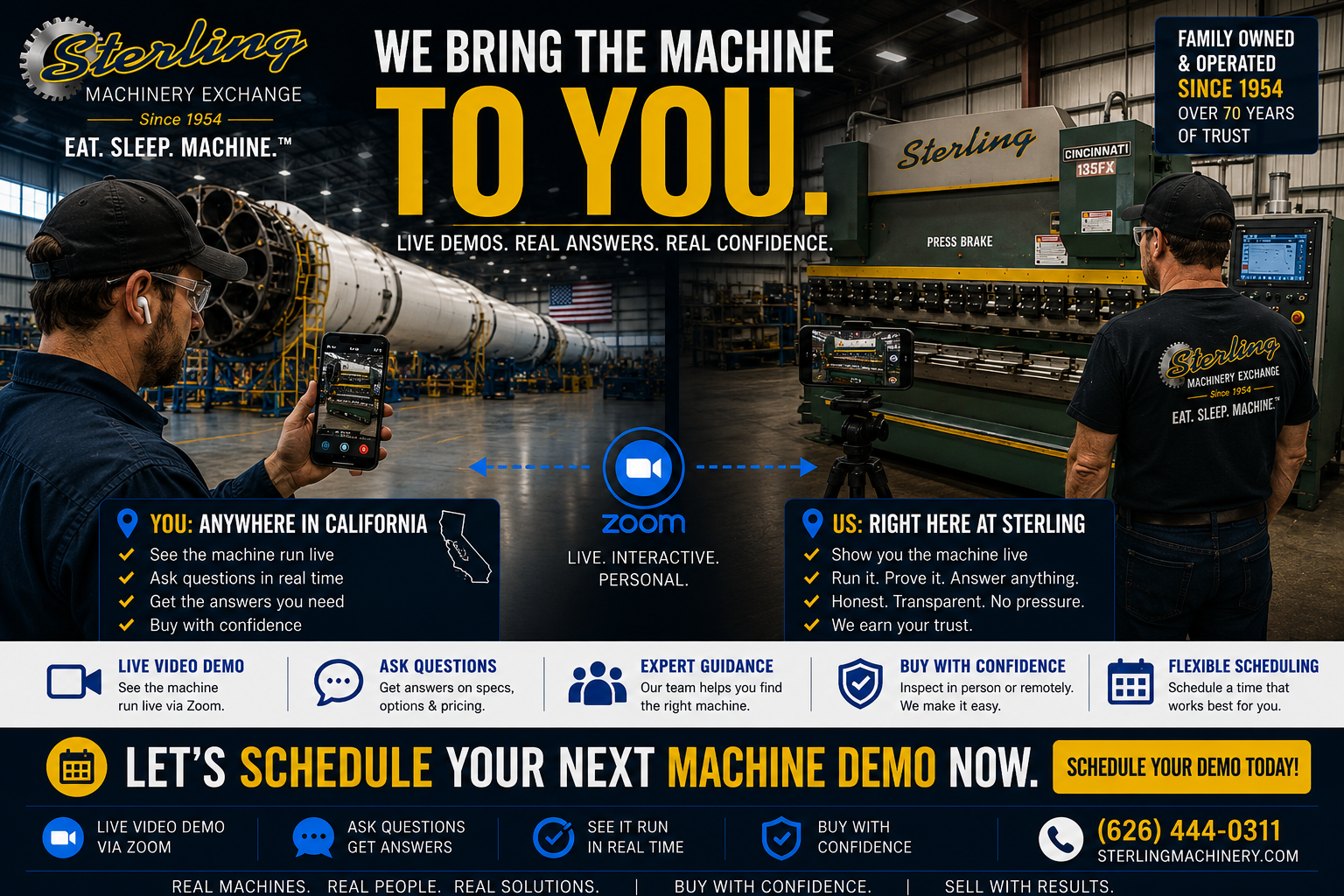 Schedule a virtual machine demo and live machinery inspection with Sterling Machinery Exchange