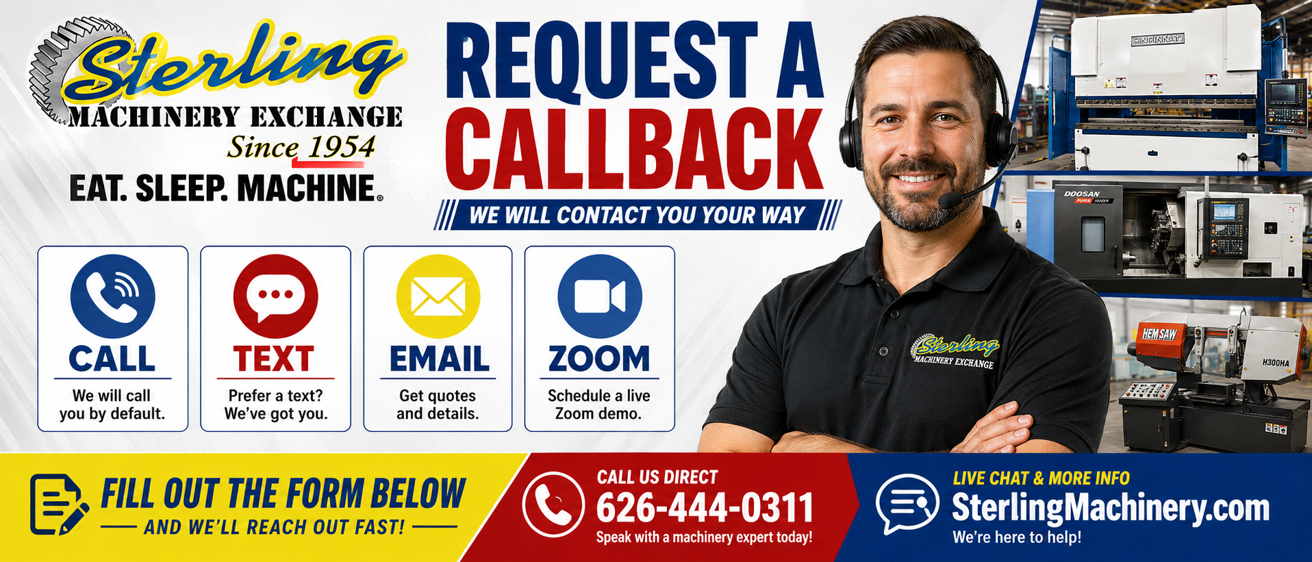 Sterling Machinery callback, text, email and Zoom machine demo options