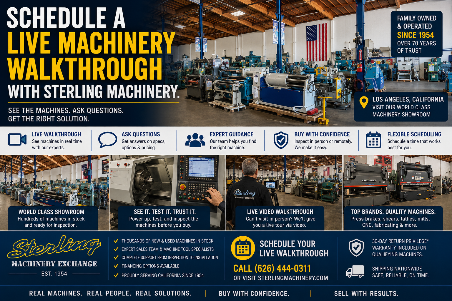 Schedule a live machinery walkthrough with Sterling Machinery Exchange in California