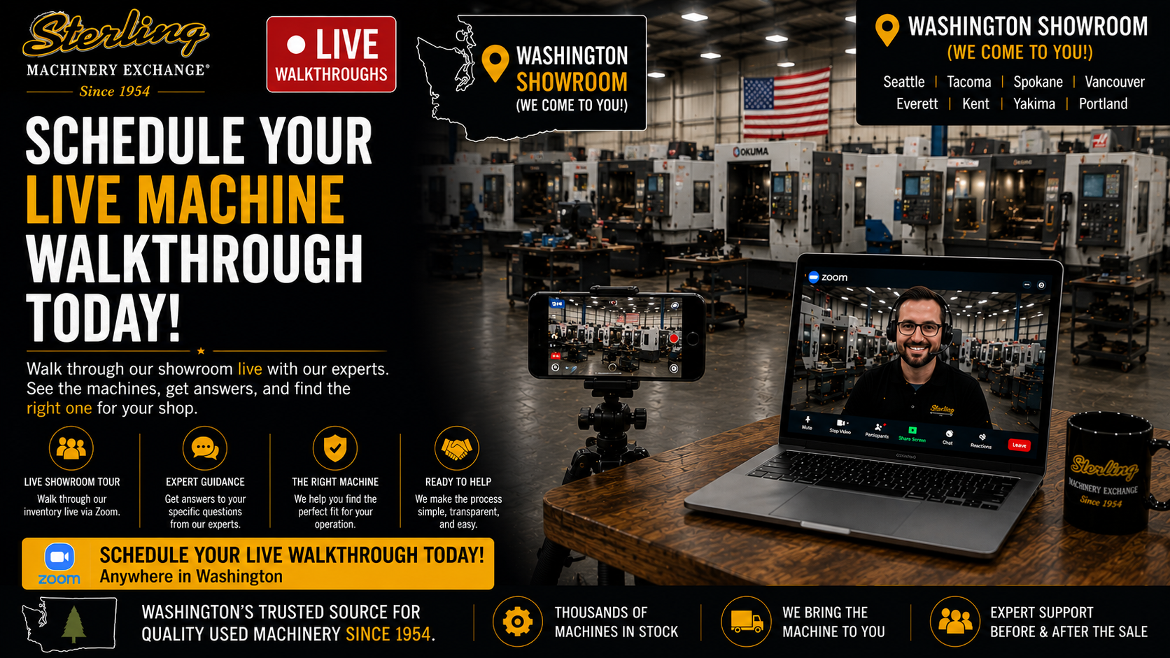 Schedule live Washington state machinery walkthrough with Sterling Machinery