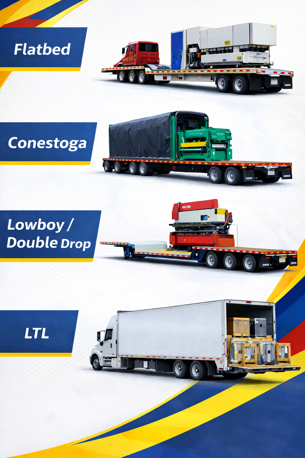 Trailer types and machinery shipping examples flatbed conestoga box van LTL step deck lowboy risk comparison chart