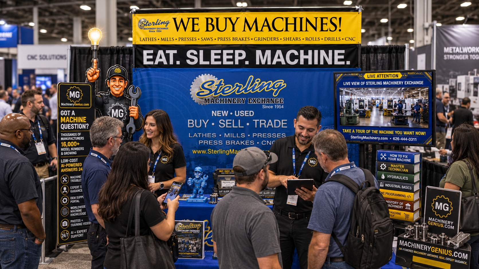 Sterling Machinery Exchange booth with a yellow WE BUY MACHINES banner, blue Sterling backdrop and Machinery Genius display